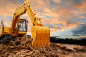 Excavator,With,Bucket,Lift,Up,Are,Digging,The,Soil,In